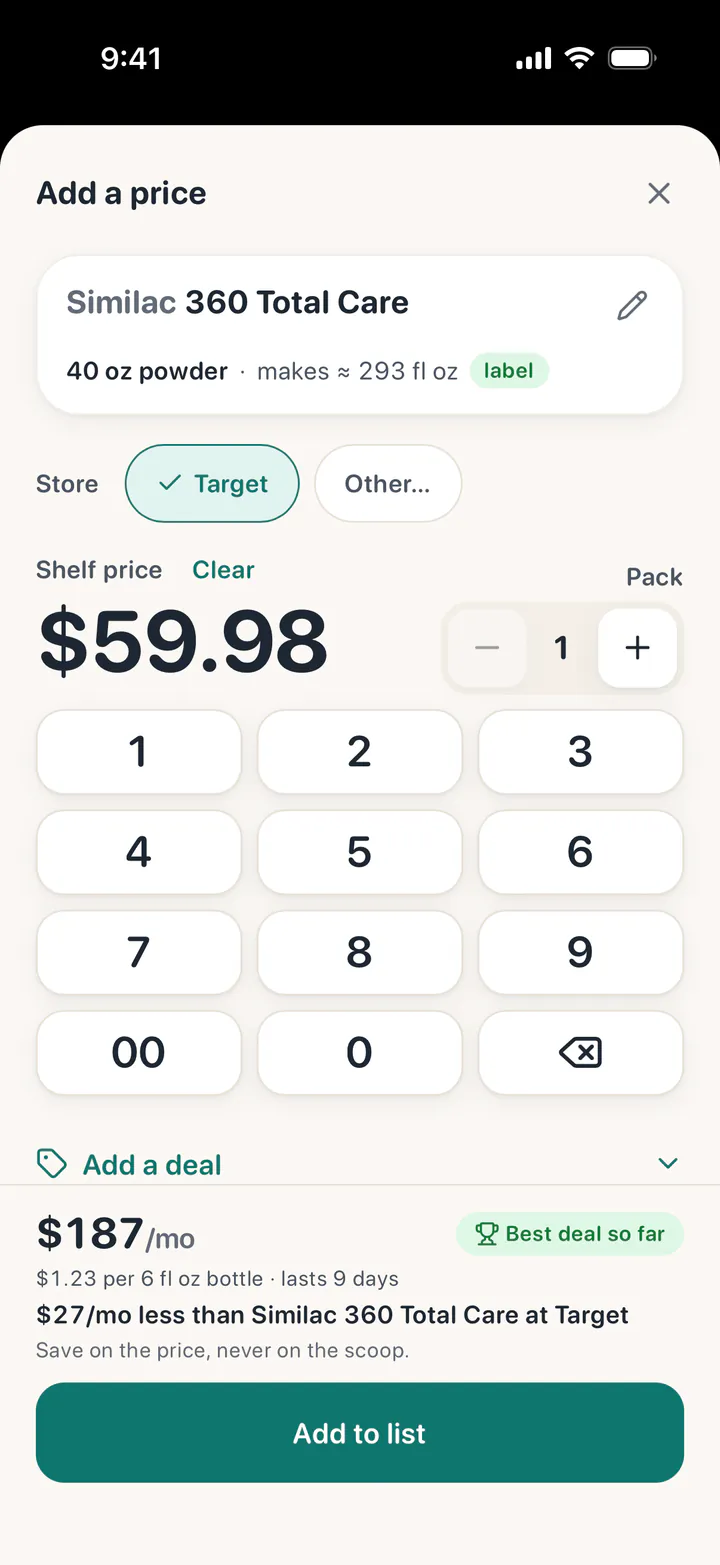 Adding the 40 oz can of Similac 360 Total Care at Target for $59.98 on the big keypad: $1.23 a bottle, best deal so far, $27 a month less than the 30.8 oz can.