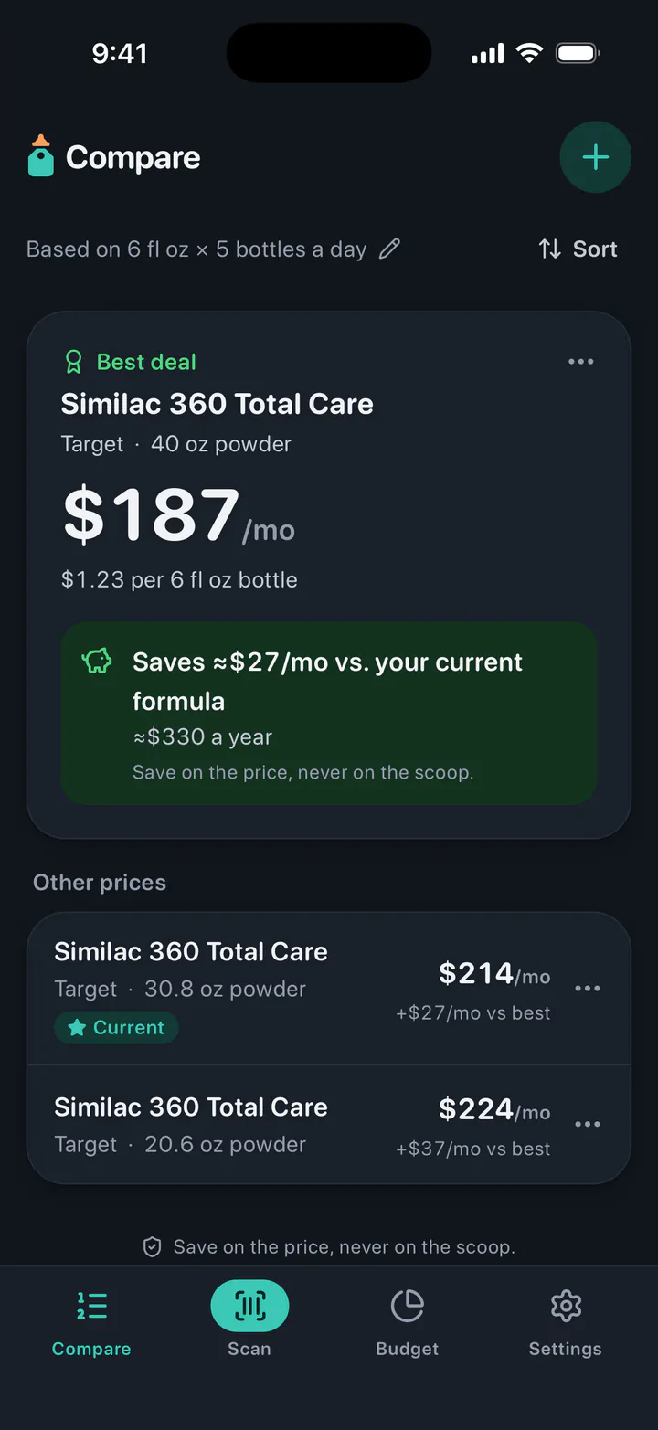 The same Compare list in Dark Mode.