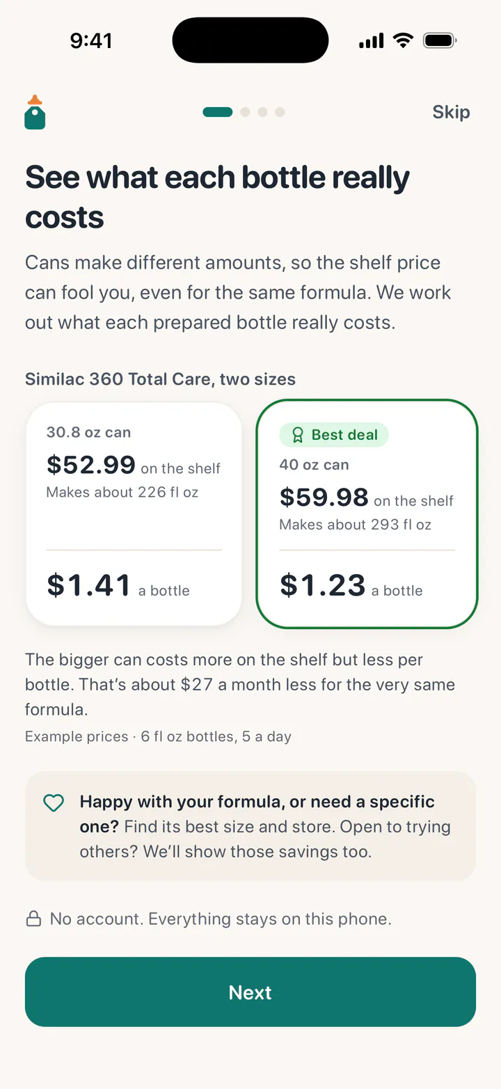 The app’s welcome tour compares two sizes of Similac 360 Total Care: the 30.8 oz can at $52.99 is $1.41 a bottle, and the 40 oz can at $59.98 is $1.23 a bottle, the best deal.